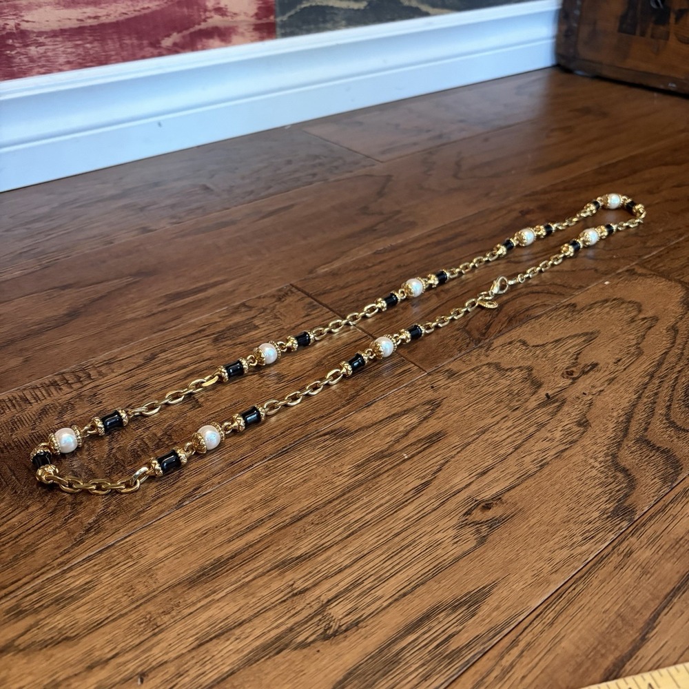 Vintage St. John Gold Tone Black Enamel Pearl Double Strand Logo Chain Belt M